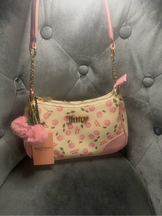 Juicy Couture Handbags - Juicy Couture Cream and Pink Cherry Shoulder Bag with Pom Charm